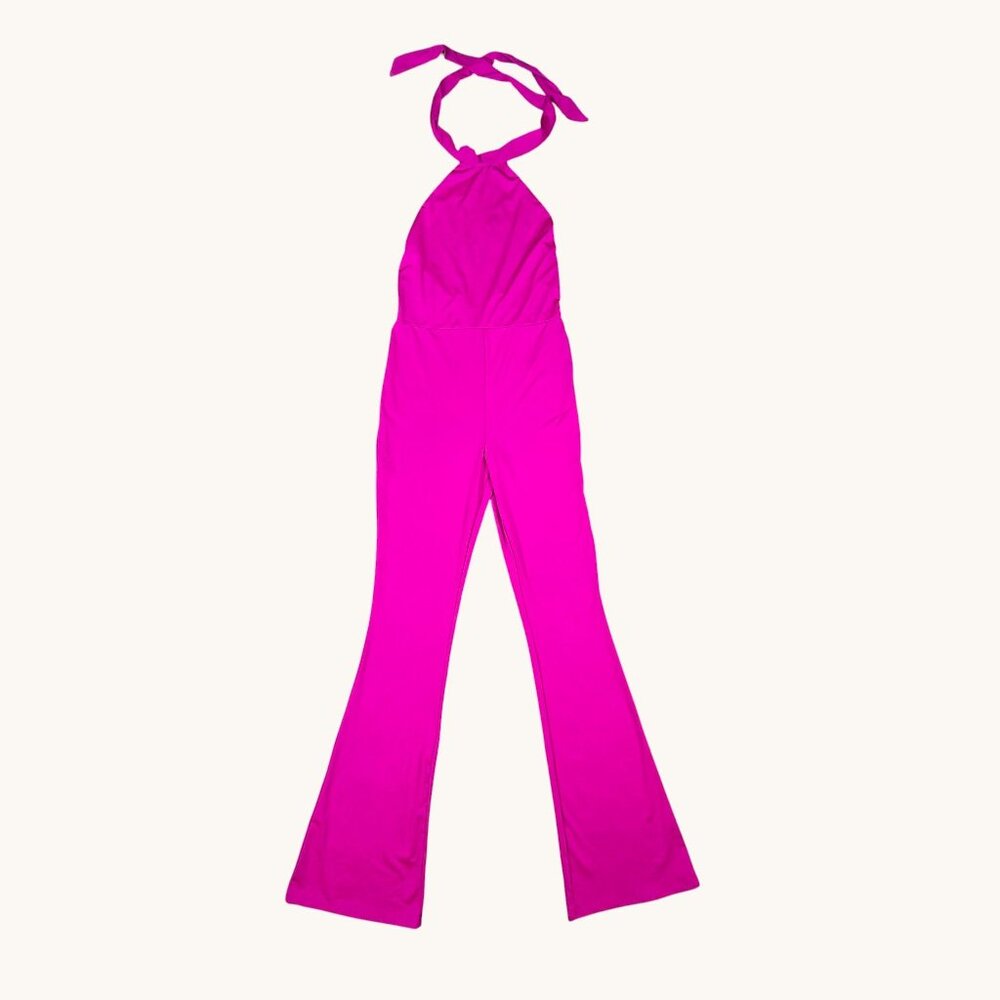 Fashion Nova Pink Halter Jumpsuit Flared Leg Medium - Picture 6 of 9